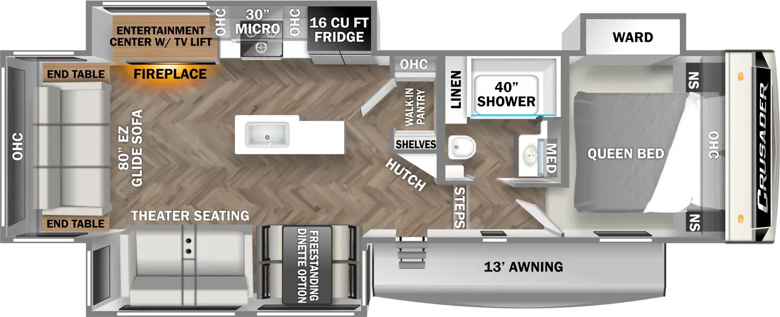 The 305RLP has three slideouts  and one entry. Exterior features a 13 foot awning. Interior layout front to back: foot-facing queen bed with overhead cabinet and night stands on each side, and an off-door side wardrobe slideout; off-door side full bathroom with medicine cabinet and linen closet; steps down to main living area and entry; angled hutch, and walk-in pantry with overhead cabinet and shelves along inner wall; off-door side slideout with refrigerator, counter with cooktop, microwave, overhead cabinets, and entertainment center with TV lift and fireplace; kitchen island with sink; door side slideout with free-standing dinette option, and theater seating; rear EZ glide sofa with end tables on each side and overhead cabinet.